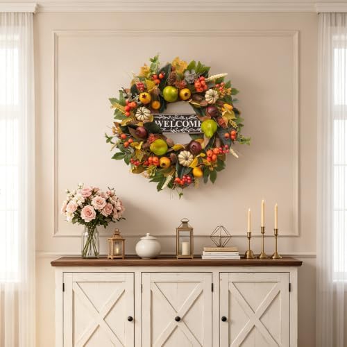 24 Inch Fall Wreaths for Front Door, Autumn Harvest Wreath with Pears