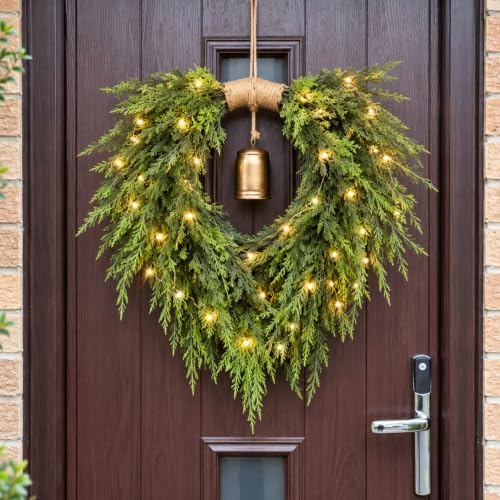 Hungdao 21.6" Christmas Norfolk Pine Heart Wreath with Bells for Door