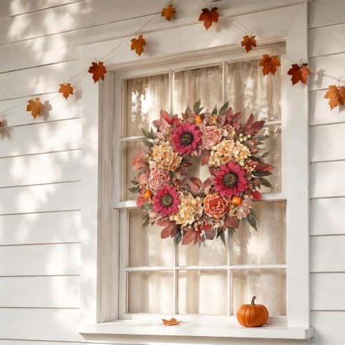 24"Fall Artificial Wreath with Sunflower Peony for Front Door Decor(Orange)