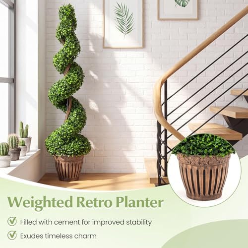GOPLUS 4 Ft Artificial Boxwood Spiral Topiary Tree, Fake Greenery Plants, Leaves & Cement-Filled Plastic Flower Pot Decorative Trees for Porch Home Office Indoor Outdoor
