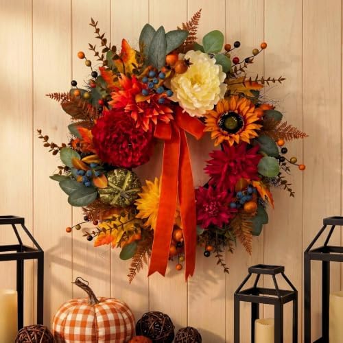 Fall Floral Wreaths for Front Door, 24 Inch Autumn Outdoor Wreath