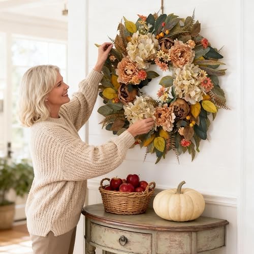 HipTree 24 Inch Fall Hydrangea Peony Wreath for Front Door