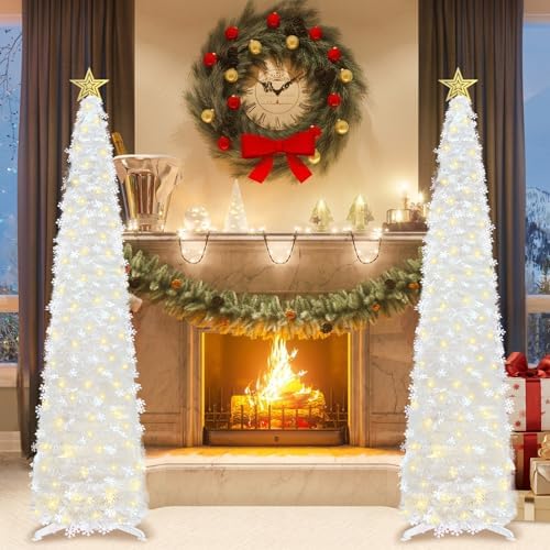 HMASYO 6 FT Pop Up Tinsel Christmas Tree with 100 LED Timer Lights & Remote, White Collapsible Artificial Pencil Tree with Snowflake Ornaments Xmas Decoration for Home, Office, Party, USB Powered