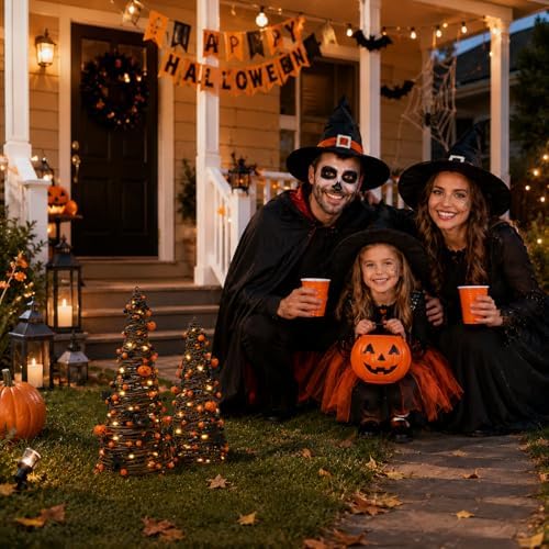 2Pack Lighted Halloween Tabletop Trees with Timer, Pumpkin Bat Decor