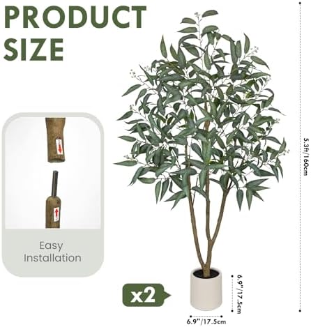 Eucalyptus Trees Artificial Indoor - 2PCS 5FT Tall Faux Eucalyptus Plants in White Planter, Fake Plant Décor for Farmhouse Bedroom Office Room Hallway Decoration