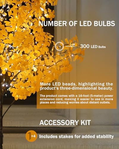 TYBEEU 6FT 5-Leaf Lucky Tree with 300 Warm White LEDs (Yellow Leaves)