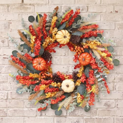 22" Fall Eucalyptus Wreaths for Front Door with Mixed Pumpkins and Berries