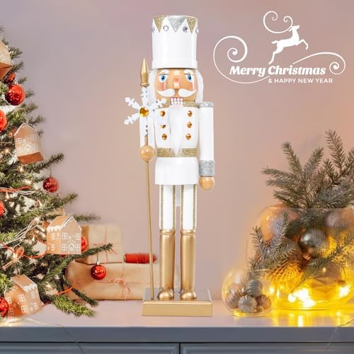 MUMTOP 15 Inch Christmas Nutcracker Decorations,White King Wooden Figures