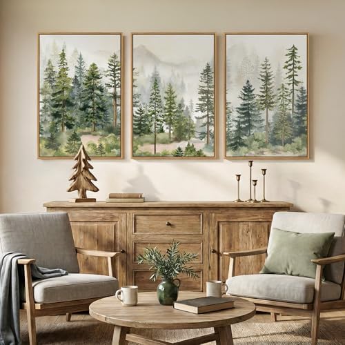 large framed green forest landscape wall art for, front angle view