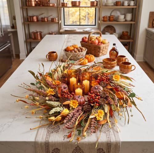 26 Inch Pumpkin Fall Wreath for Front Door Outside with Pinecones Berries