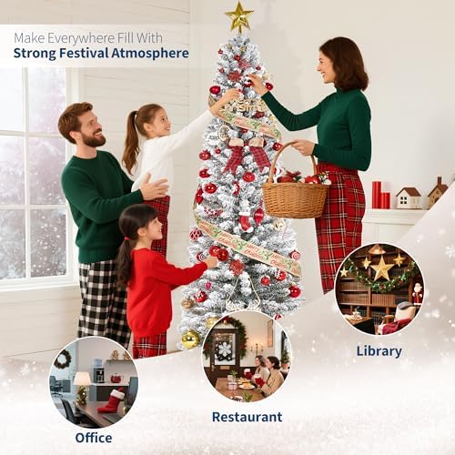 6Ft Pre-Lit Snow Flocked Pencil Christmas Tree, Fir Hinged Slim Skinny Corner Xmas Tree with 120 Incandescent Warm White Lights & Snow Branch Tips, White