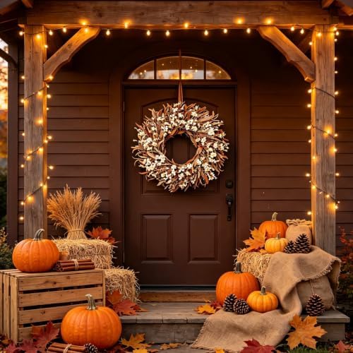 Handmade Fall Wreath for Front Door, 24 Inch Autumn Wreath with Eucalyptus Leaves & Cream White Flowers, Grapevine Wreath, Rustic Thanksgiving Decor for Indoor Outdoor Porch Wall Home Entryway
