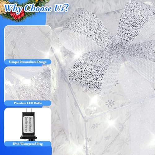 Towponics Set of 3 Christmas Lighted Gift Boxes, Outdoor Christmas Decorations with 60 LED Cool White Mini String Lights, Present Boxes with Bows and Snowflake Design for Xmas Tree Porch Mantel Decor