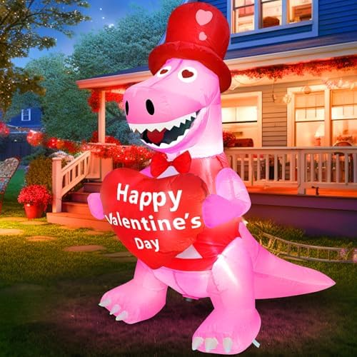 TURNMEON 4 Foot Valentine's Day Inflatable Dinosaur Outdoor Decoration Blow Up Dinosaur Holds Heart LED Lighted Valentines Day Decoration for Yard Garden Lawn Wedding Holiday Party Indoor Outdoor Home