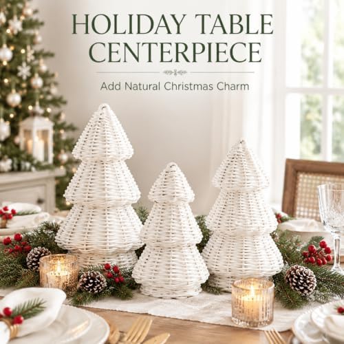 MiniInflat 3 Pcs Woven Rattan Christmas Tree Decor, Classic Weave, White
