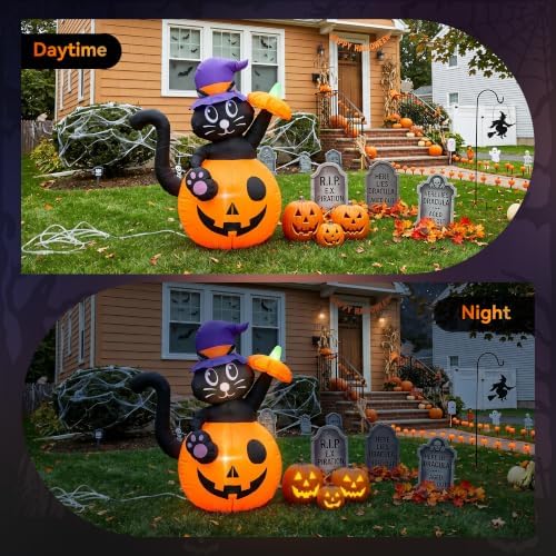 4.5FT Halloween Inflatable Black Cat with Pumpkin Outdoor Decorations, Blow Up Black Cat Yard Decor with Built-in LEDs for Garden Lawn Party Holiday Display