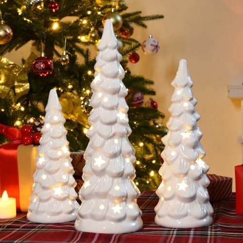 Set of 3 White Ceramic Christmas Trees that Light Up Decorations