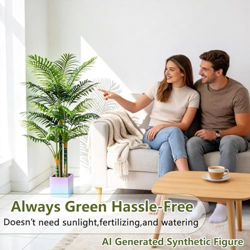 4FT Tall Golden Cane Artificial Palm Tree, Large Faux Palm Tree with 3 Textured Trunks, Outdoor Artificial Plants, Fake Tree for Indoor Office Living Room Outside Patio.