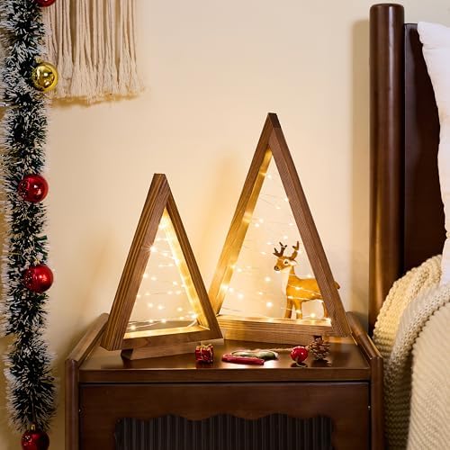 2 Pack Wooden Christmas Tree with Lights, Tabletop Decor-Brown