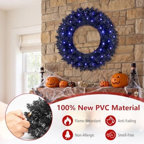 Goplus 24" Black Christmas Wreath with 35 Purple LED Lights, for Halloween