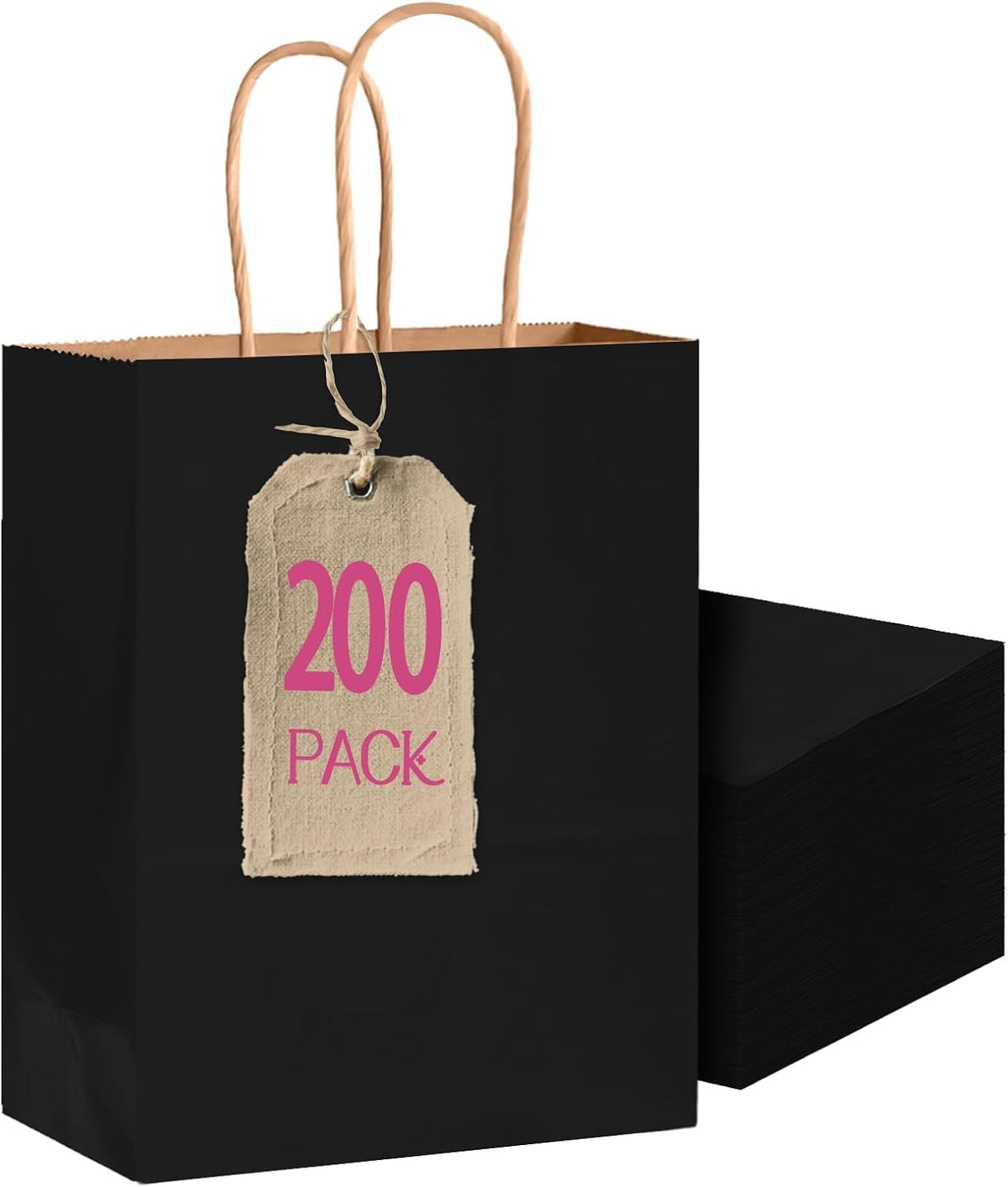 Bakepacker 200-Pack Medium Size Gift Paper Bags with Handles Bulk 10.6"x8.3"x4.3" Black Party Kraft Shopping Bags
