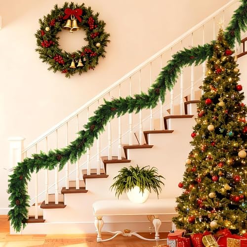 9 Ft Christmas Cedar Garland - Cypress Garlands,Artificial Real Touch Pine Garlands - Garland Xmas Decorations for Table, Mantle, Wall, Indoor, Outdoor Christmas Decorations