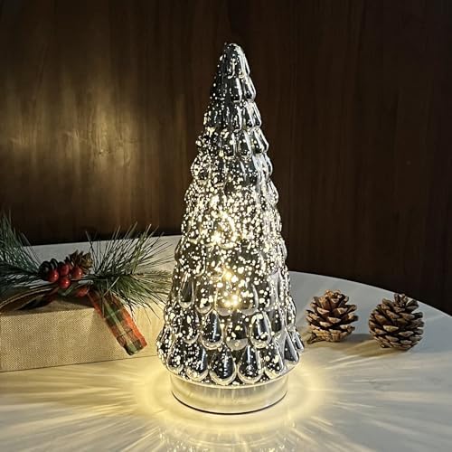 Silver Tabletop Christmas Tree 3pcs, Small Mercury Glass Christmas Trees with Light, Battery Operated Mini Xmas Tree for Fireplace Bathroom Decor 10"