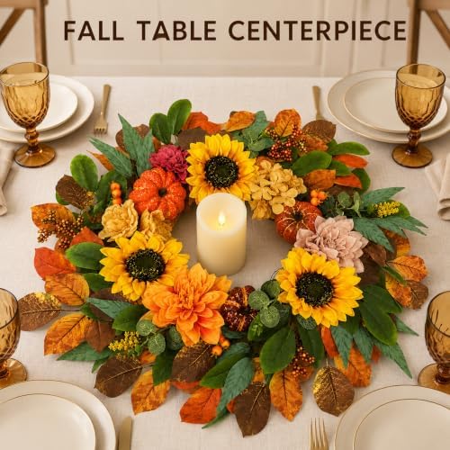 24 Inch Fall Wreaths for Front Door with Pumpkins, Sunflowers & Berries