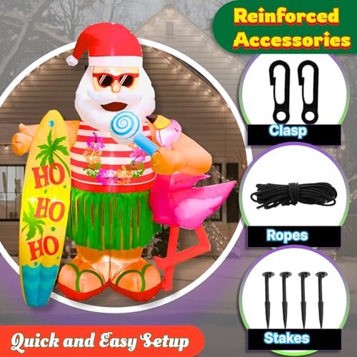 6FT Christmas Inflatable Hawaiian Santa Claus with Flamingo and Surfboard Outdoor Decoration, Tropical Blow up with Build-in LEDs for Indoor Outdoor Xmas Party Garden Yard Lawn Decor