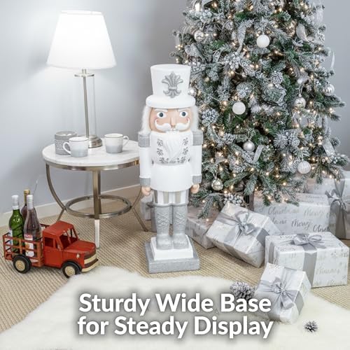 Sunnydaze 3ft Sterling the Silver Nutcracker Christmas Decoration - Polyresin Indoor or Outdoor Nutcracker Statue - Set of 2