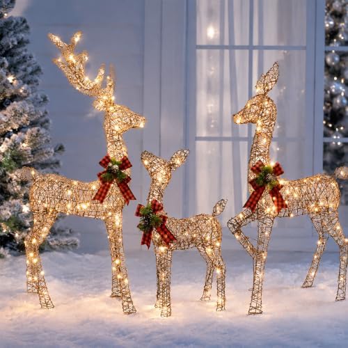 3D Brown Rattan Christmas Deer Set, 210 LEDs