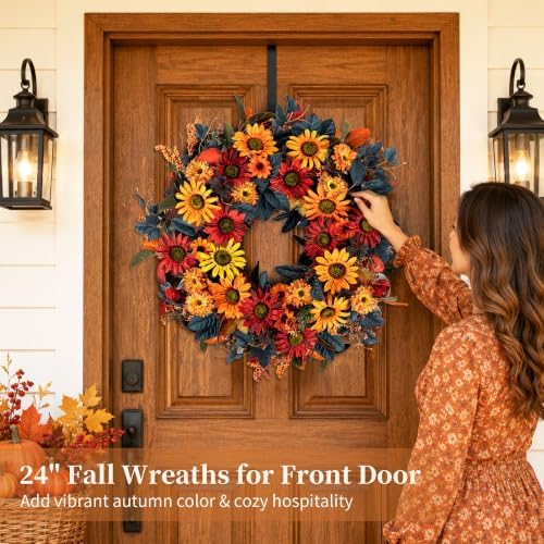 BLOSMON 24in Fall Wreaths for Front Door, Sunflower Fall Wreath with Hanger