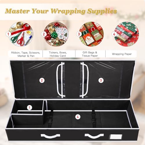 Criusia Gift Wrapping Paper Organizer Storage, Durable Underbed Storage Container Fits 24 Rolls, with Removable Dividers and Pockets for Ribbon, Ornaments, Holiday Accessories, Black