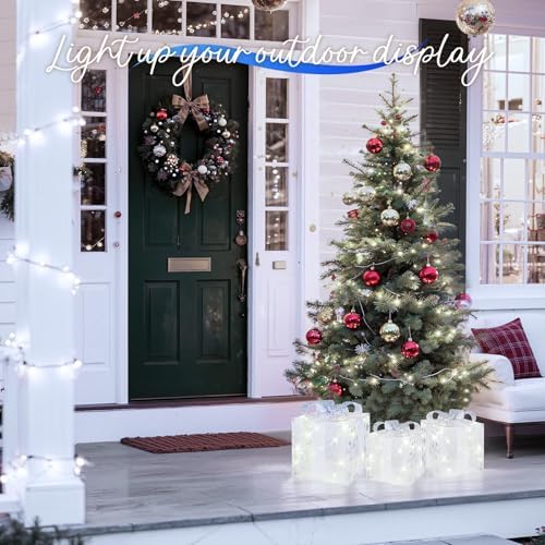 Towponics Set of 3 Christmas Lighted Gift Boxes, Outdoor Christmas Decorations with 60 LED Cool White Mini String Lights, Present Boxes with Bows and Snowflake Design for Xmas Tree Porch Mantel Decor