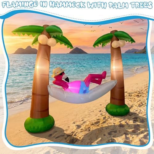 Shappy 5ft Inflatable Palm Tree, LED Lighted Flamingo Hammock Yard Decor