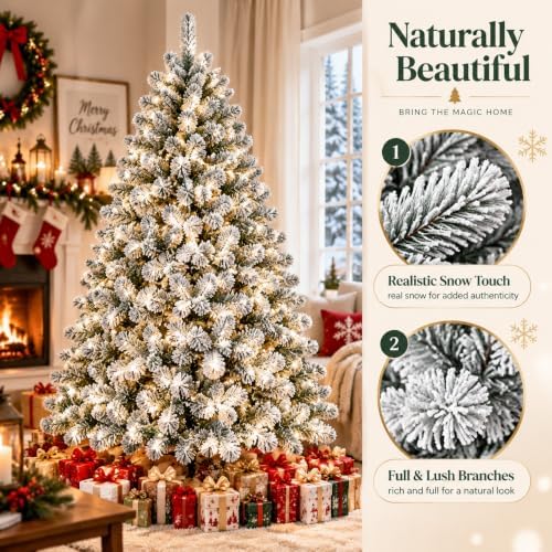 Garvee 6 FT Christmas Tree, Prelit Artificial Christmas Tree with 250 Warm White Lights, Realistic Flocked Material, Metal Hinges, Foldable Stand, on/Off Foot Pedal, Holiday Decoration, Green & White