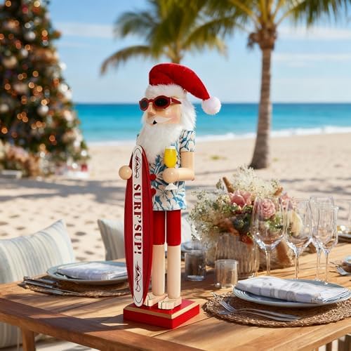 15 Inch Christmas Nutcracker Wooden Summer Nautical Surfer Santa Nutcracker Figure Beach Tabletop Centerpieces Festival Florida Tropical Shelves Decorations (Surfboard+Swim Ring)