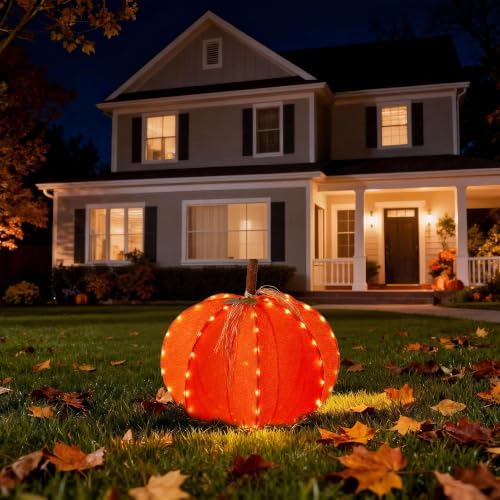 Glitzhome Fall Lighted Outdoor Decor, 32" D 3D Pumpkin Display with 100 Golden LED Lights Timer, Foldable Harvest Yard Decoration for Porch Garden