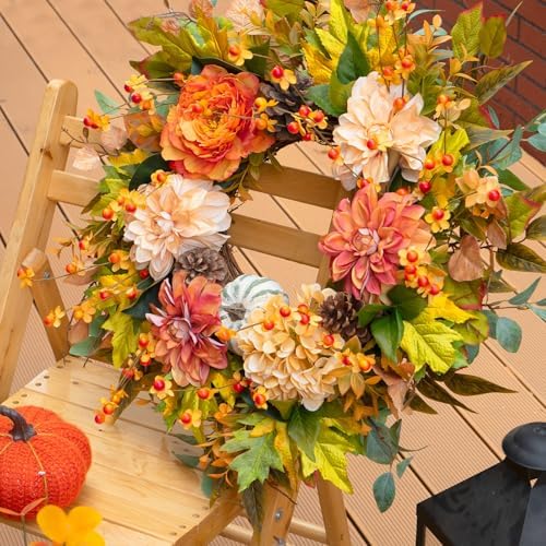 24 Inch Harvest Fall Wreaths for Front Door Outside with Dahlia & Pumpkins