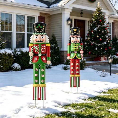 2 Pcs Christmas Nutcracker Outdoor Decor 32'' Soldier Stakes Yard Signs