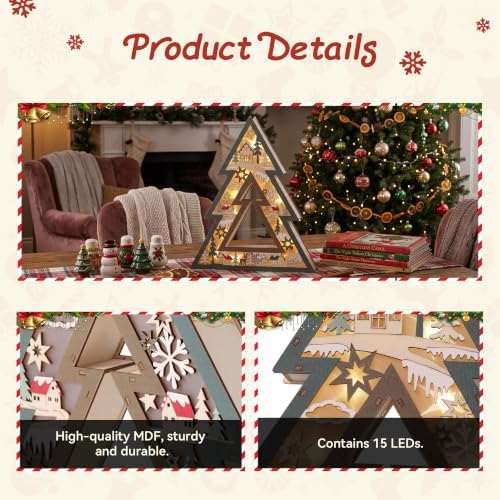 Wooden Christmas Tree Lighted Tabletop Decor, Xmas Winter Village Ornament