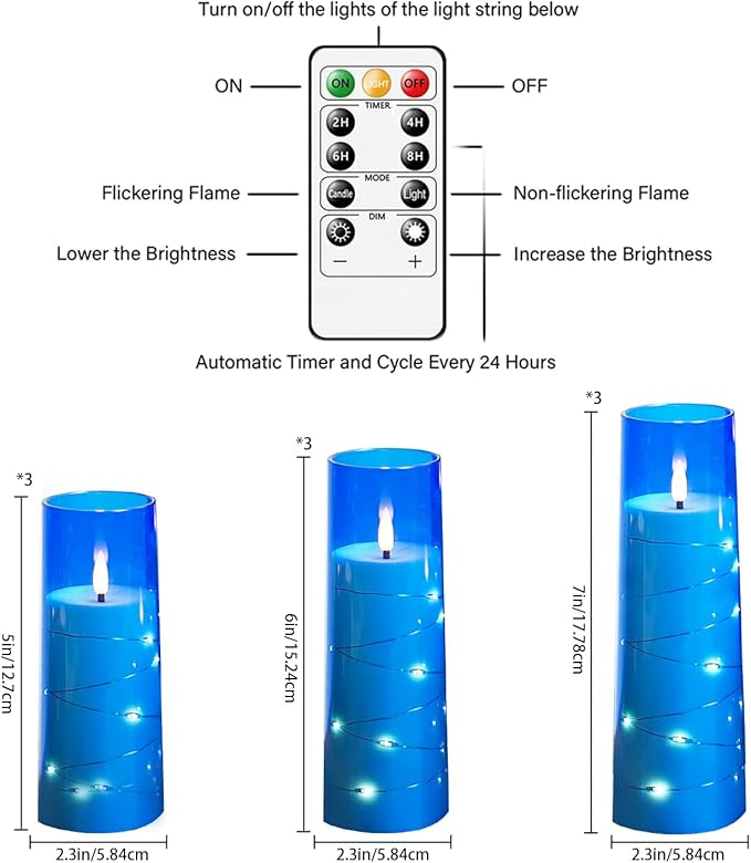 Flickering Flameless LED Candles,Battery Operated Candles 9 Pcs with Embedded Star String,Acrylic LED Pillar Candles with Remote,Suitable for Home Decoration to Create an Atmosphere (Blue)