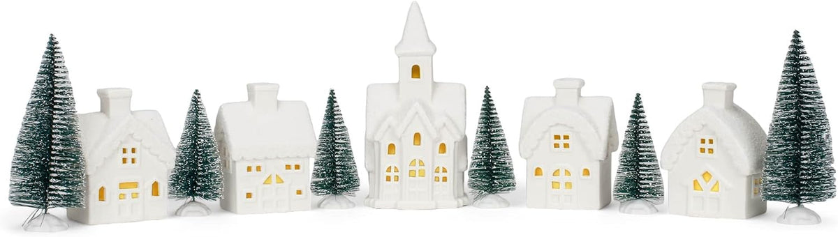 Mark Feldstein Winter Village with Barn LED Porcelain Set, 11 Pc, 5 in