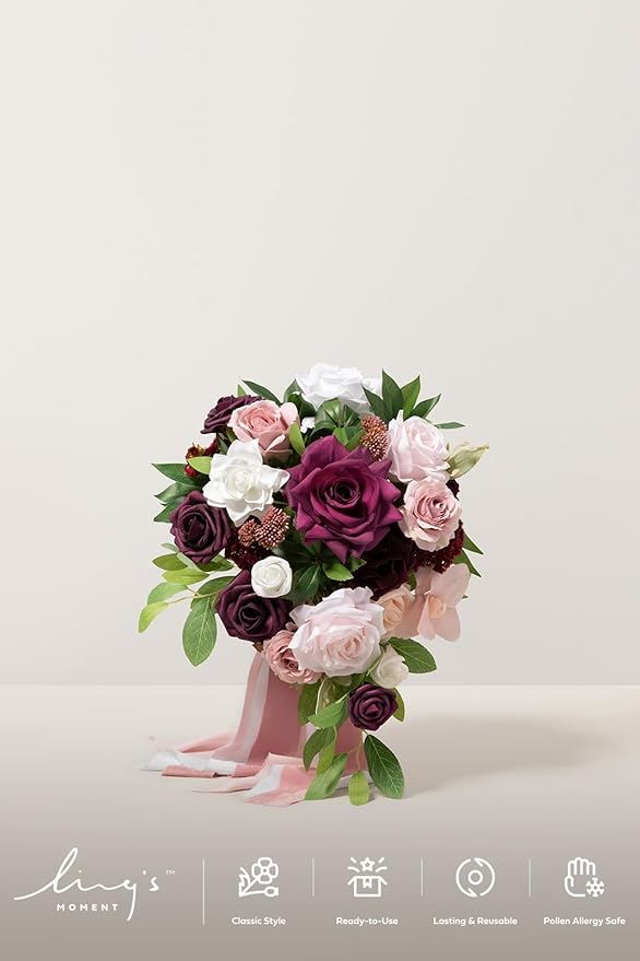 Ling's moment Burgundy Cascading Bridal Bouquet, Marsala Wedding Bouquets for Bride, 13 Inch Birde Bouquet Artificial Wedding Flower Bouquet
