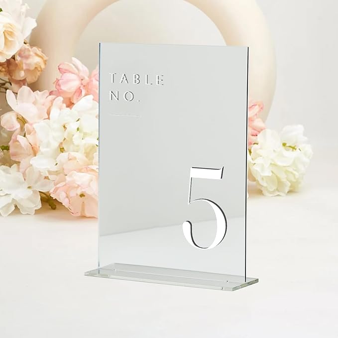 JINMURY Sliver Wedding Table Numbers 1-20 with Stands, 5"x7" Sliver Mirror Acrylic Table Numbers for Wedding Reception (Sliver Mirror White Font, Number 1-20, 5"x7")