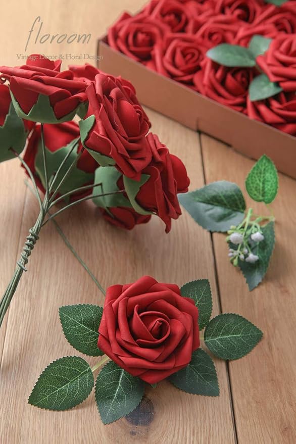 Floroom Artificial Flowers 50pcs Real Looking Dark Red Foam Fake Roses with Stems for DIY Wedding Bouquets Bridal Shower Centerpieces Floral Arrangements Party Tables Home Decorations