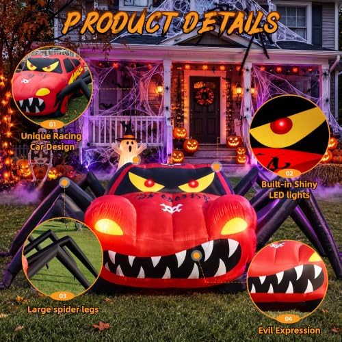 15FT Red Spider Car Halloween Inflatables Outdoor Decorations Built-in LEDs