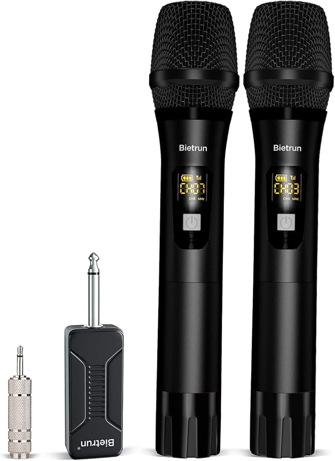 Wireless Microphone, Bietrun UHF Metal Dual Handheld Cordless Dynamic Mic System with Rechargeable Receiver, 1/4‘’Output, for Karaoke, Church, Speech, Wedding, Party Singing(160 ft Range)-Auto Connect