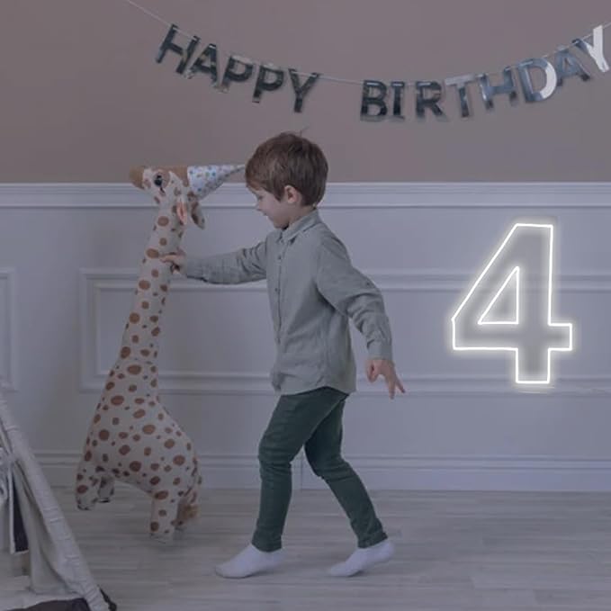 Number 4 Neon Sign for Birthday, 16.54" Cool White USB Battery Powered One Neon Sign for Party Wedding Anniversary Decor Light Sign (Number 4)