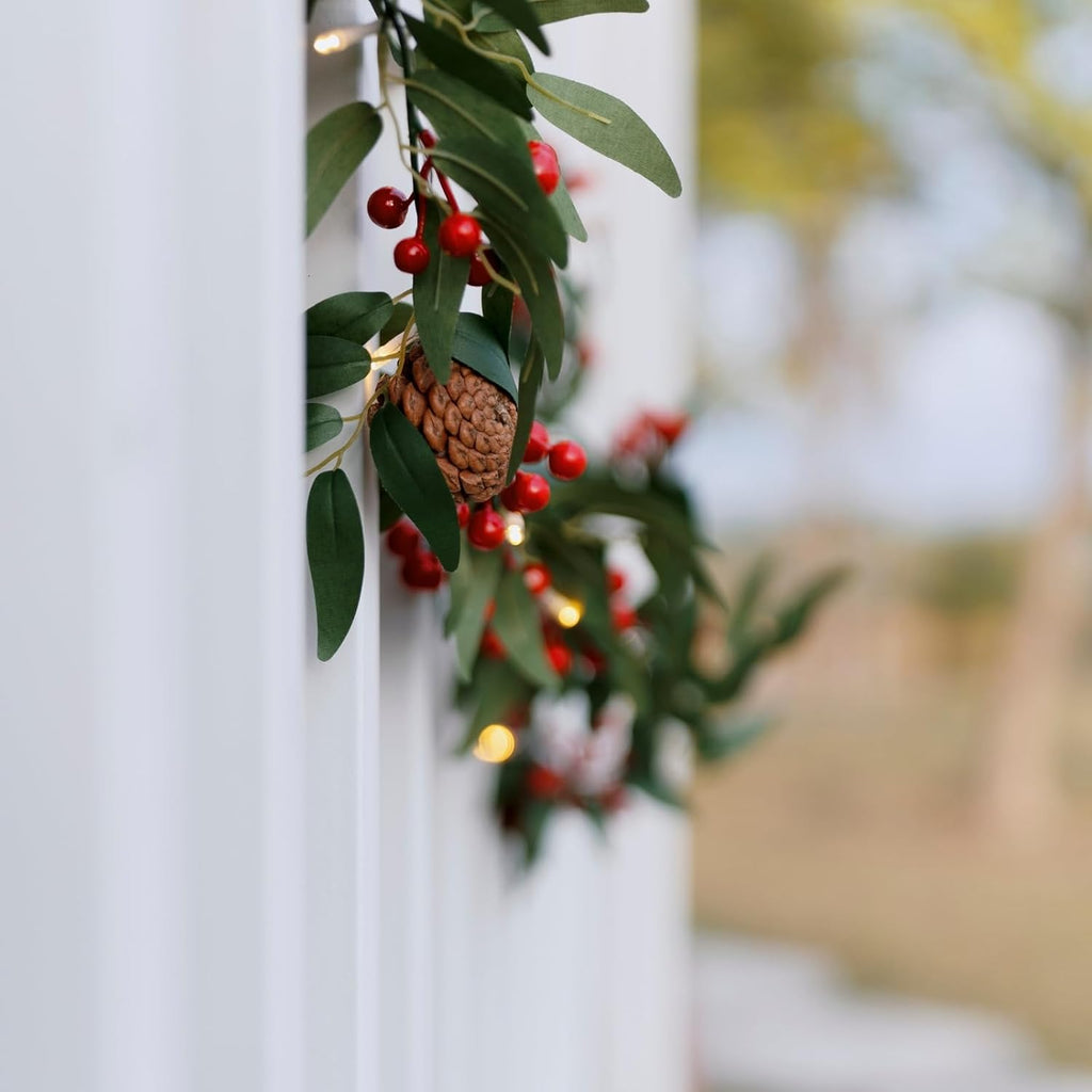 2 Pack 6FT Pre-lit Christmas Garland with Lights - Artificial Holly Berries Garland with Greenery and Pine Cones for Indoor Outdoor Holiday Decor Fireplace Mantle Stair Railing Table Windows